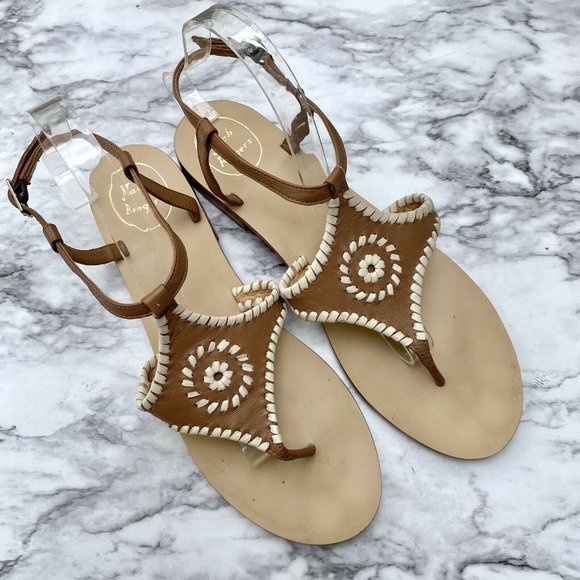 Jack Rogers Maci Strappy Whipstitch Leather Sandals Sz 10 Cognac - Picture 1 of 8